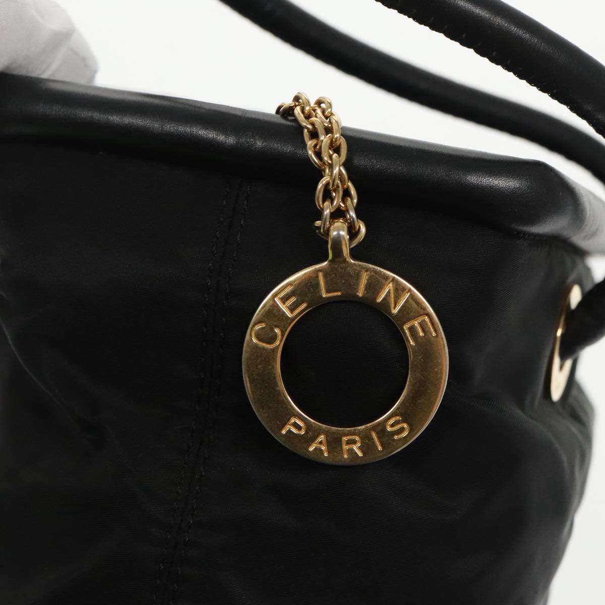 CELINE Hand Bag Nylon Black Gold Auth 99798