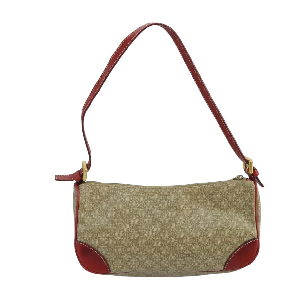CELINE Macadam Canvas Hand Bag PVC Leather Beige Red Auth 99836