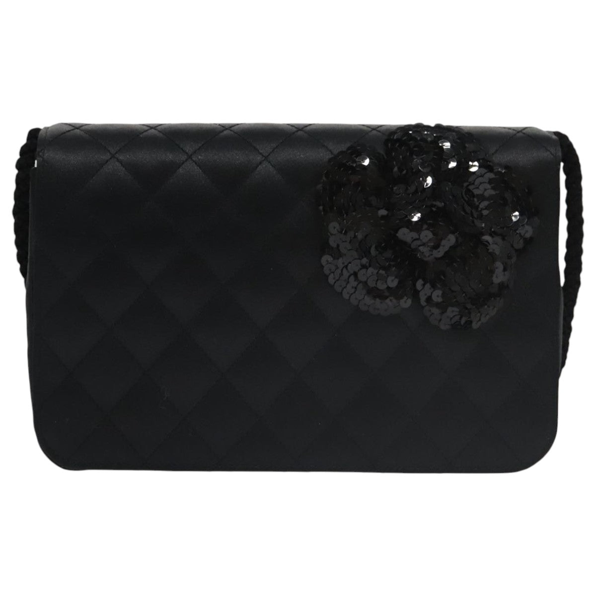 CHANEL Matelasse Sequin Flower Shoulder Bag Satin Black CC Auth 99855V