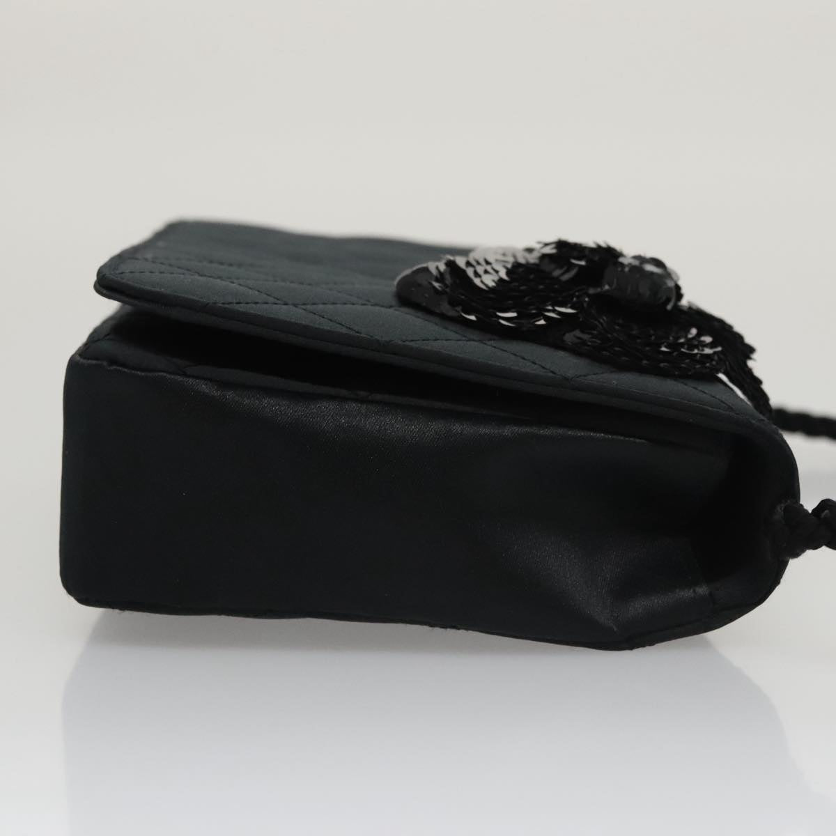 CHANEL Matelasse Sequin Flower Shoulder Bag Satin Black CC Auth 99855V
