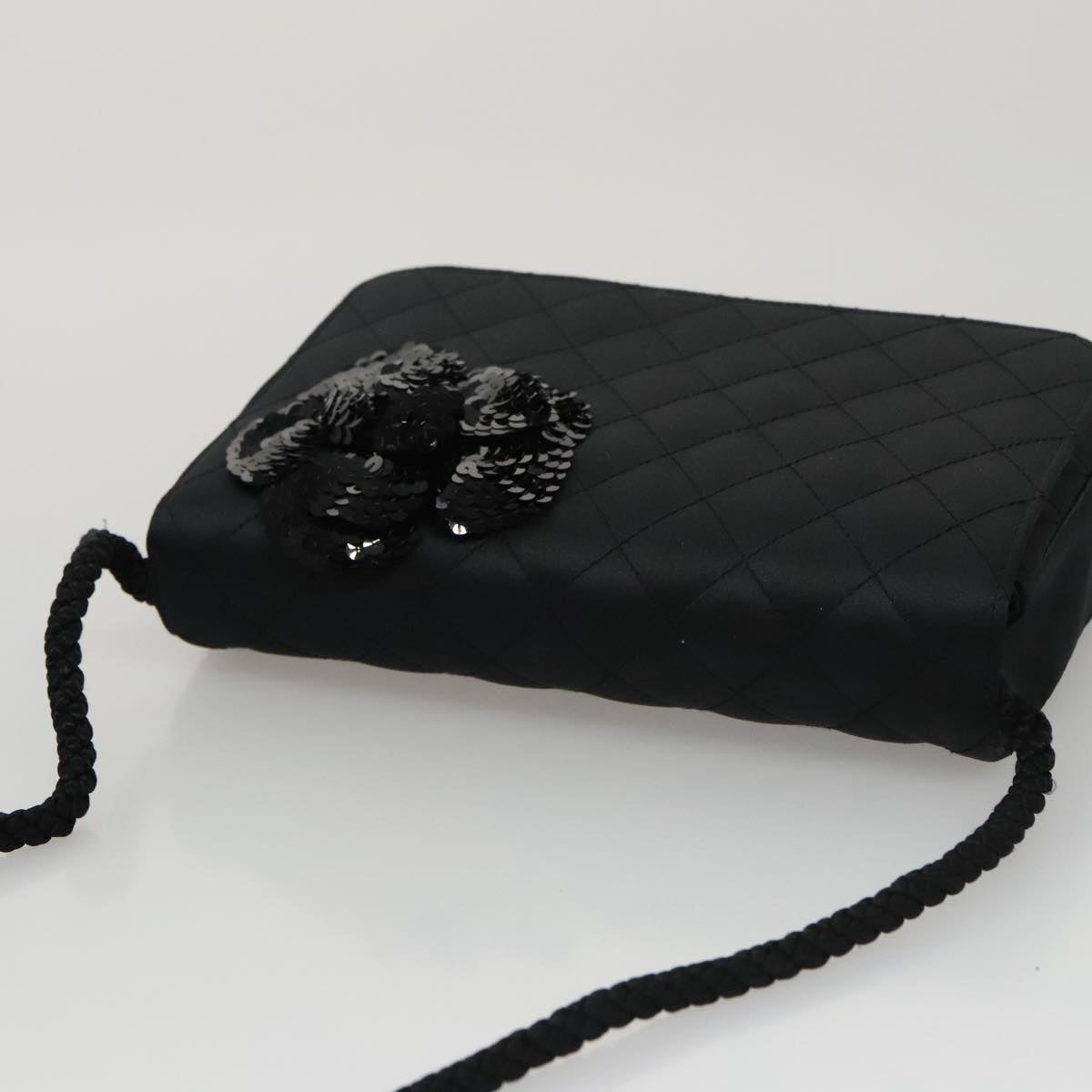 CHANEL Matelasse Sequin Flower Shoulder Bag Satin Black CC Auth 99855V