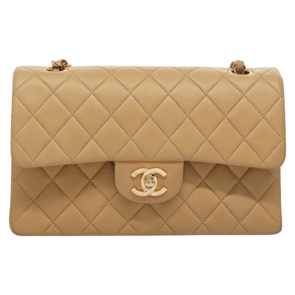 CHANEL Matelasse 25 Chain Shoulder Bag Lamb Skin Beige Gold CC Auth 99970SAV