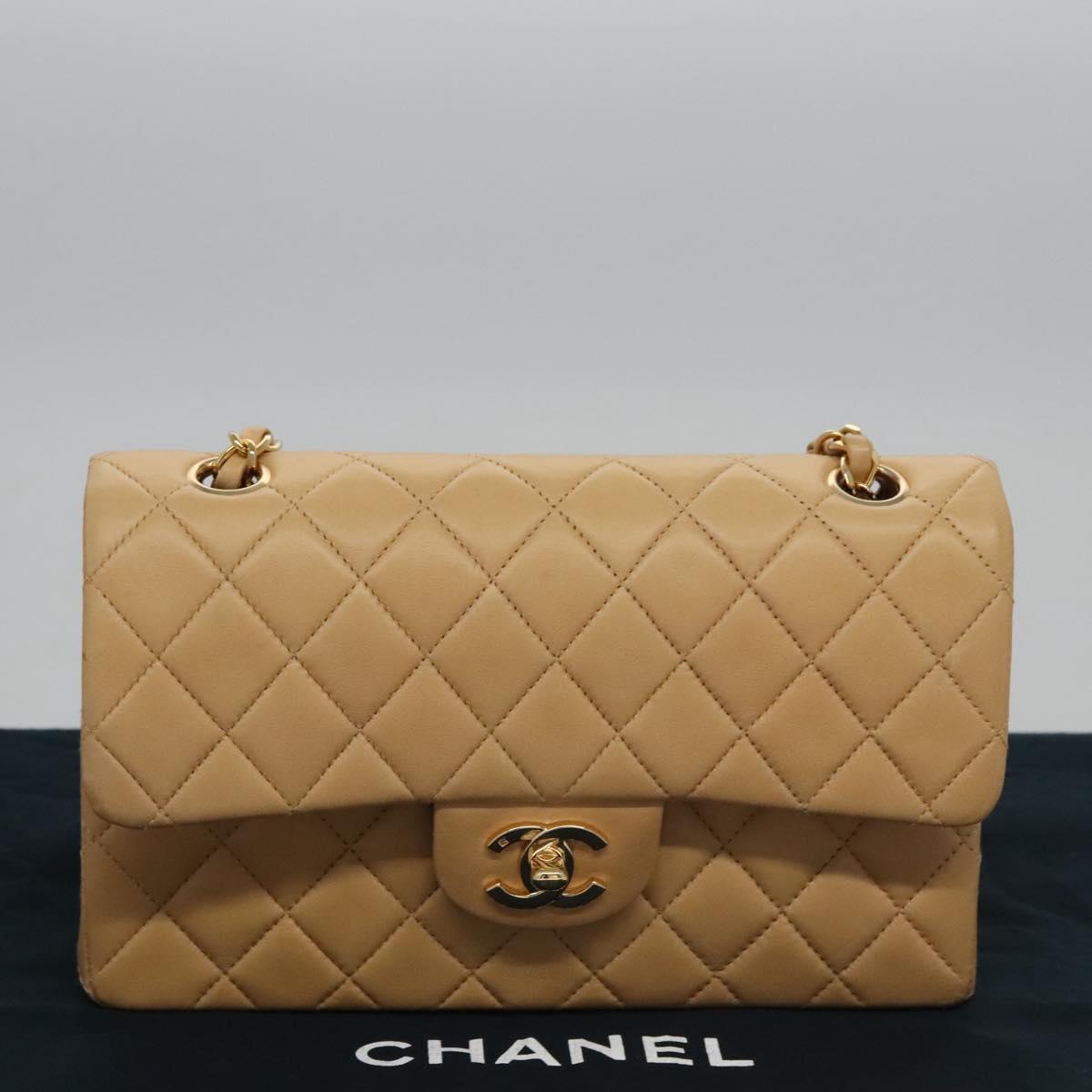 CHANEL Matelasse 25 Chain Shoulder Bag Lamb Skin Beige Gold CC Auth 99970SAV