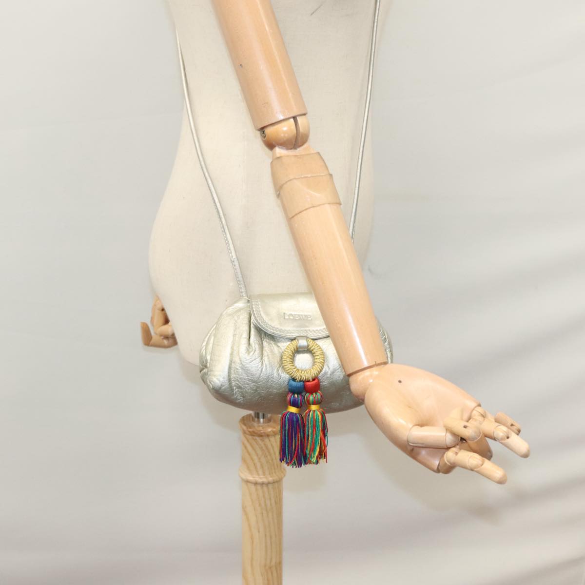 LOEWE Fringe Shoulder Bag Leather Silver tone Auth 99979