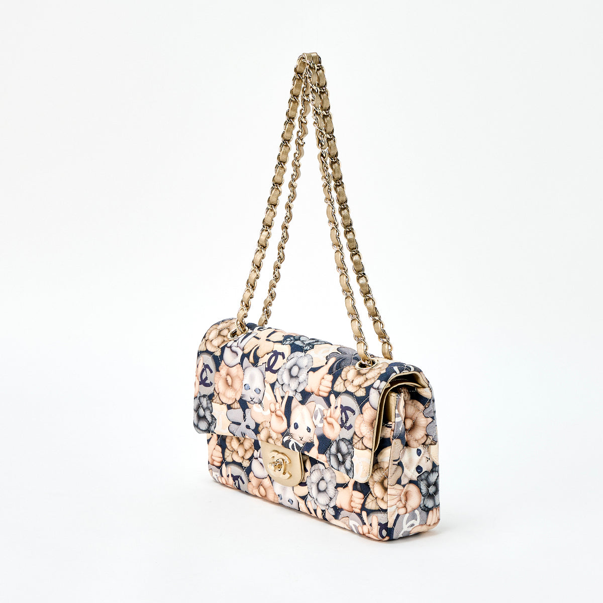 CHANEL Matelasse Cat Motif 25 2016 Shoulder Bag Navy Gold Grey Gold Nylon Auth