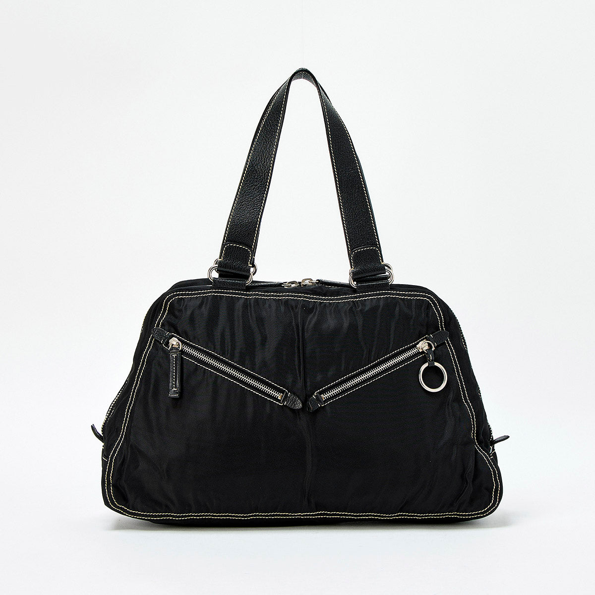 PRADA Triangle Hand Bag Black Silver Tessuto Auth