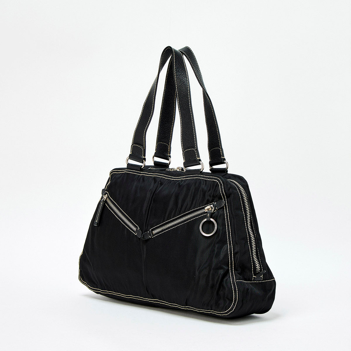 PRADA Triangle Hand Bag Black Silver Tessuto Auth