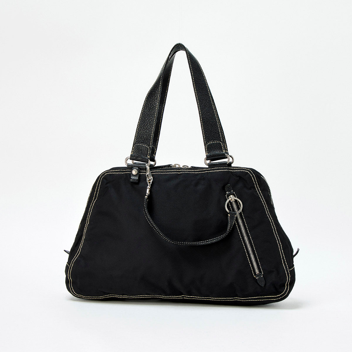 PRADA Triangle Hand Bag Black Silver Tessuto Auth
