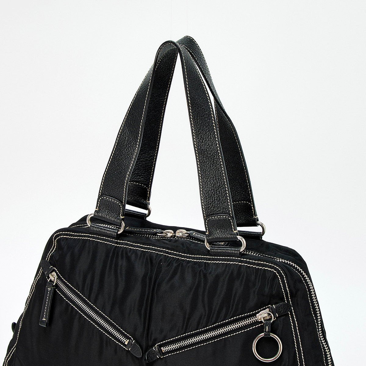 PRADA Triangle Hand Bag Black Silver Tessuto Auth