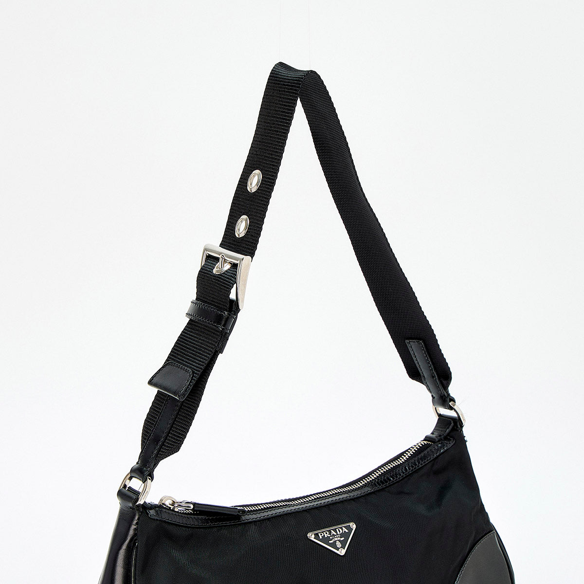 PRADA Triangle Shoulder Bag Black Silver Tessuto Auth