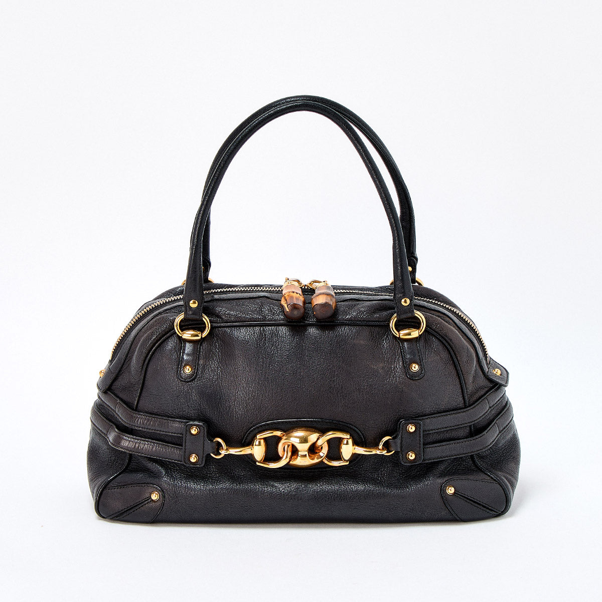 GUCCI Horsebit Hand Bag Black Gold Leather Auth