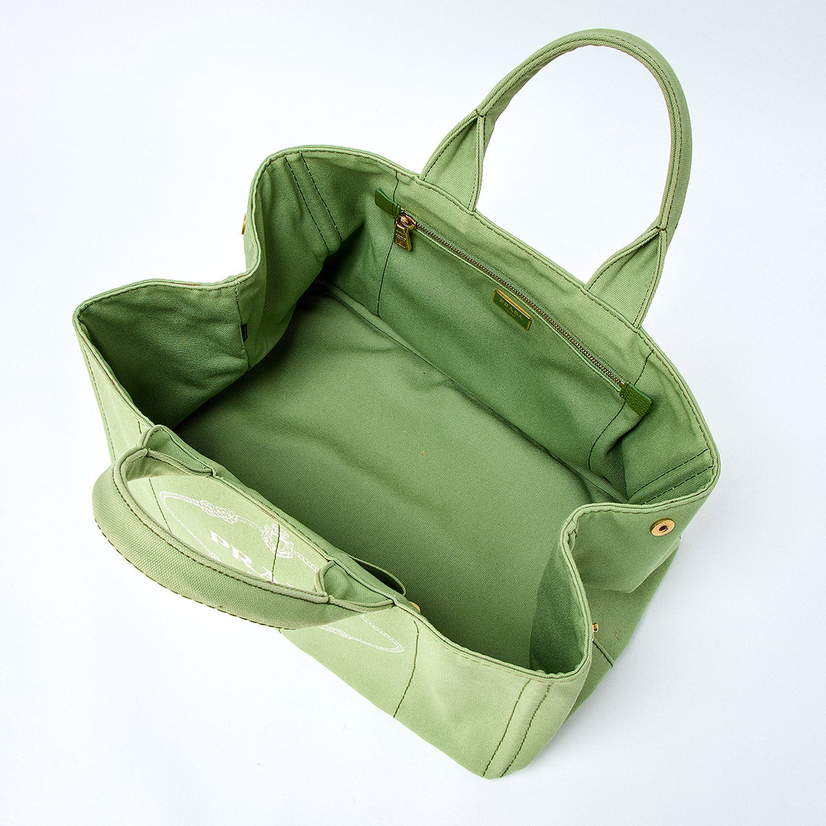 PRADA Triangle Canapa L Hand Bag Green Gold Canvas Auth