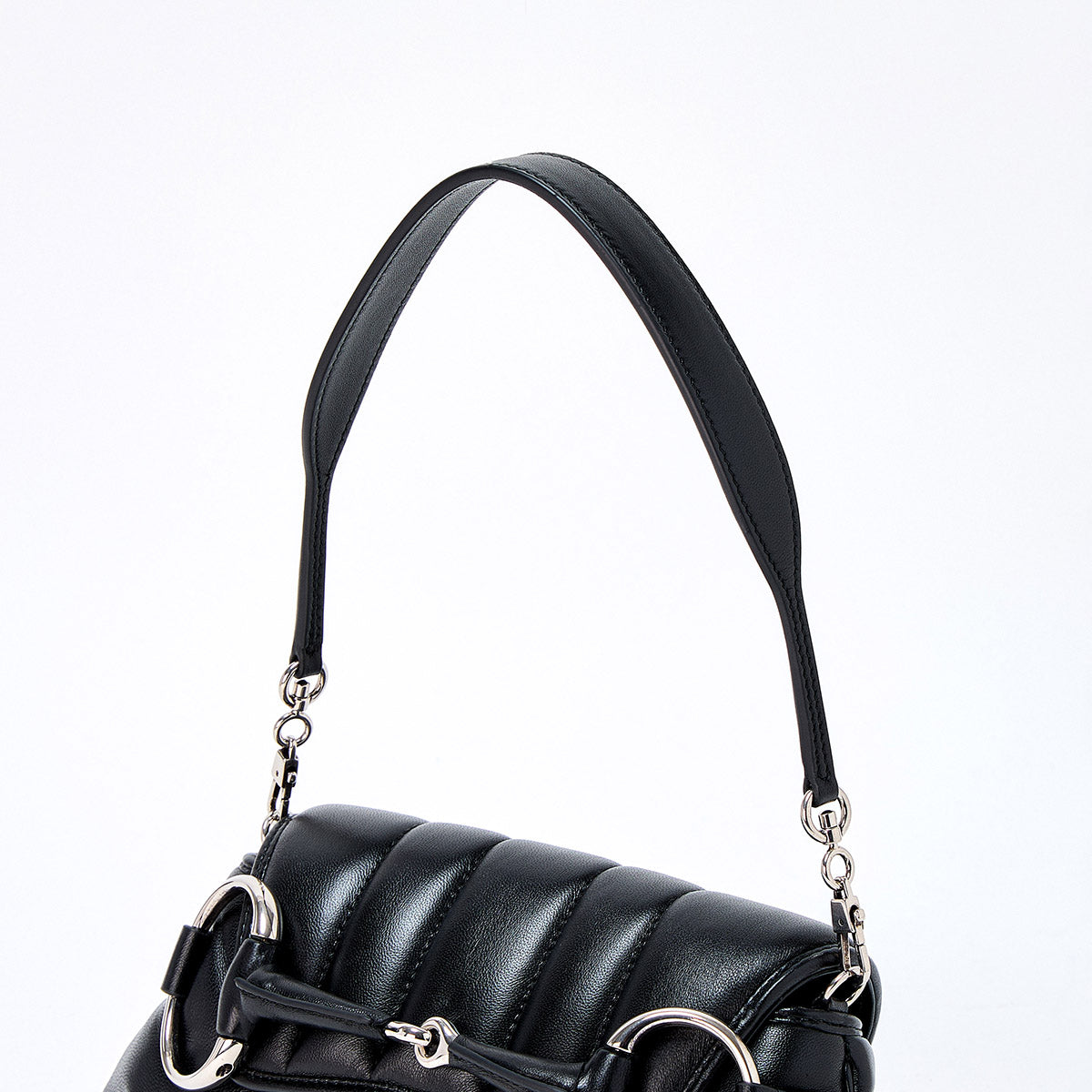 GUCCI Horsebit Shoulder Bag Black Silver Leather Auth