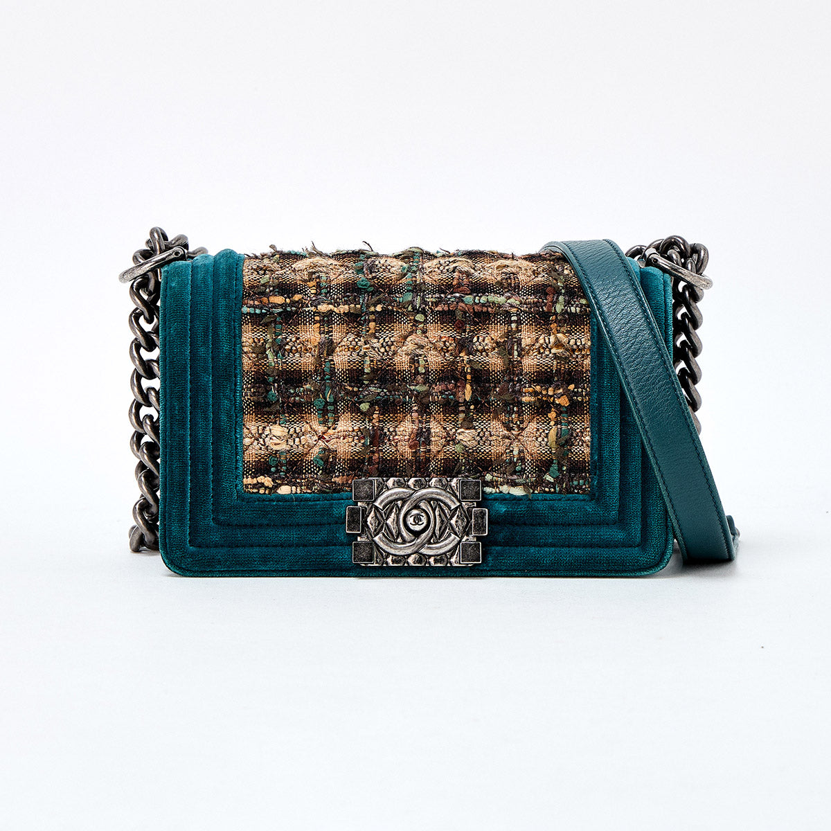 CHANEL Boy Chanel Single Flap Double Chain Small 2014 Shoulder Bag Green Brown Silver Velour Auth