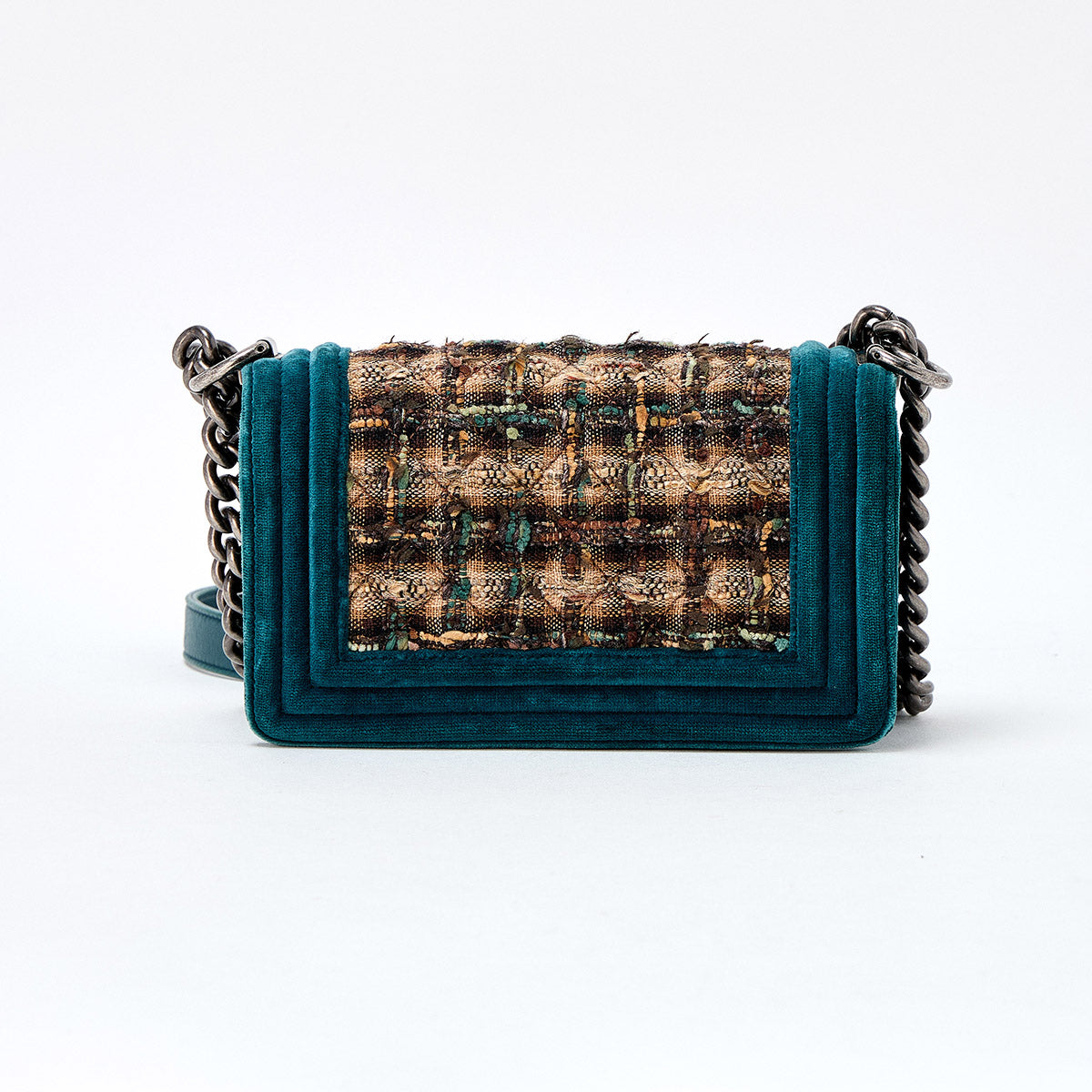 CHANEL Boy Chanel Single Flap Double Chain Small 2014 Shoulder Bag Green Brown Silver Velour Auth