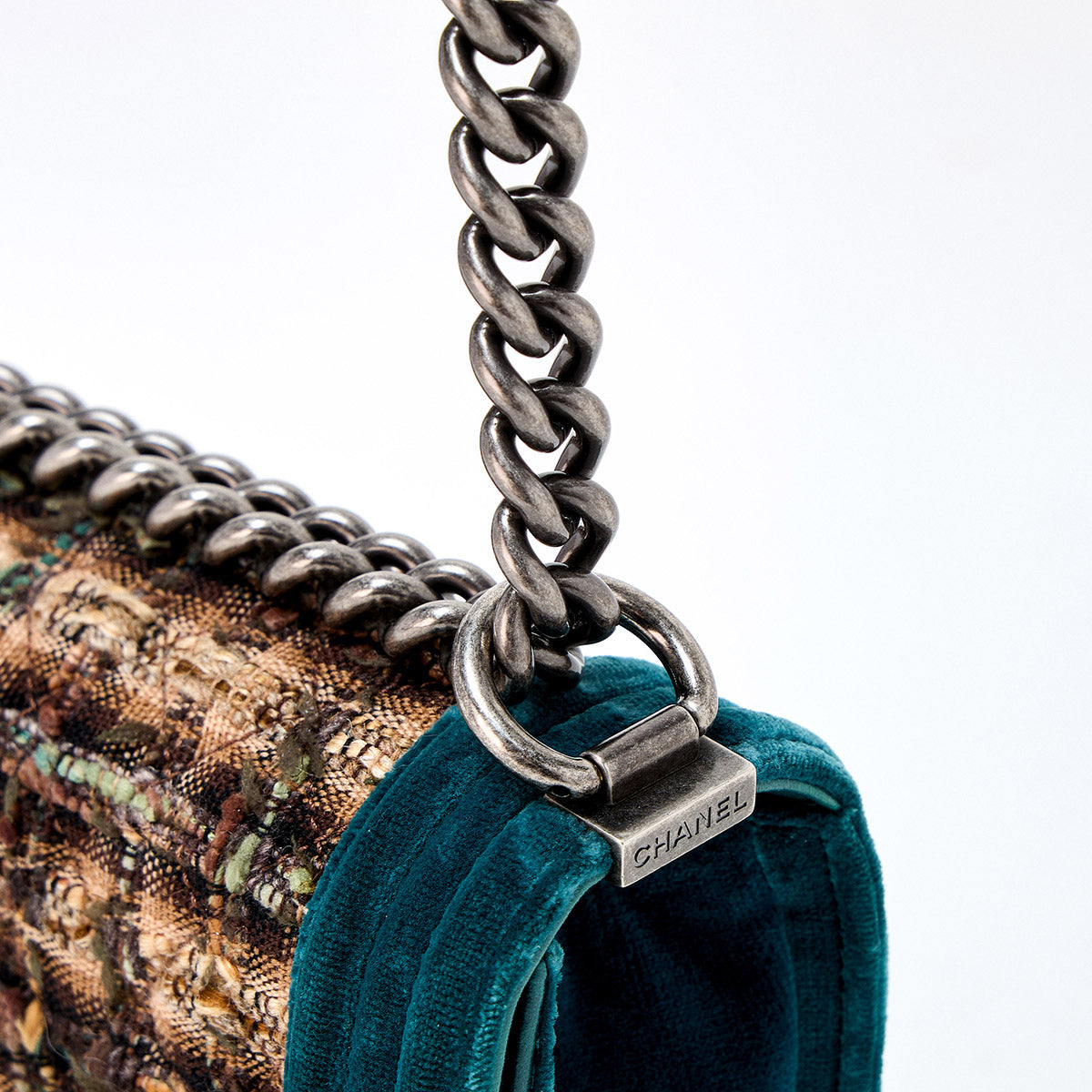 CHANEL Boy Chanel Single Flap Double Chain Small 2014 Shoulder Bag Green Brown Silver Velour Auth