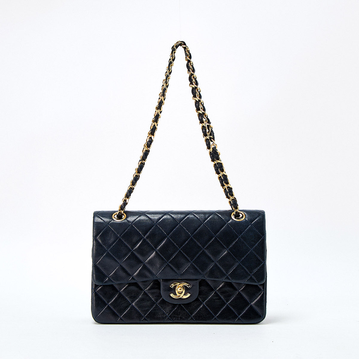 CHANEL Matelasse 25 Double Flap Double Chain 1985-1990 Shoulder Bag Navy Gold Lamb Skin Auth