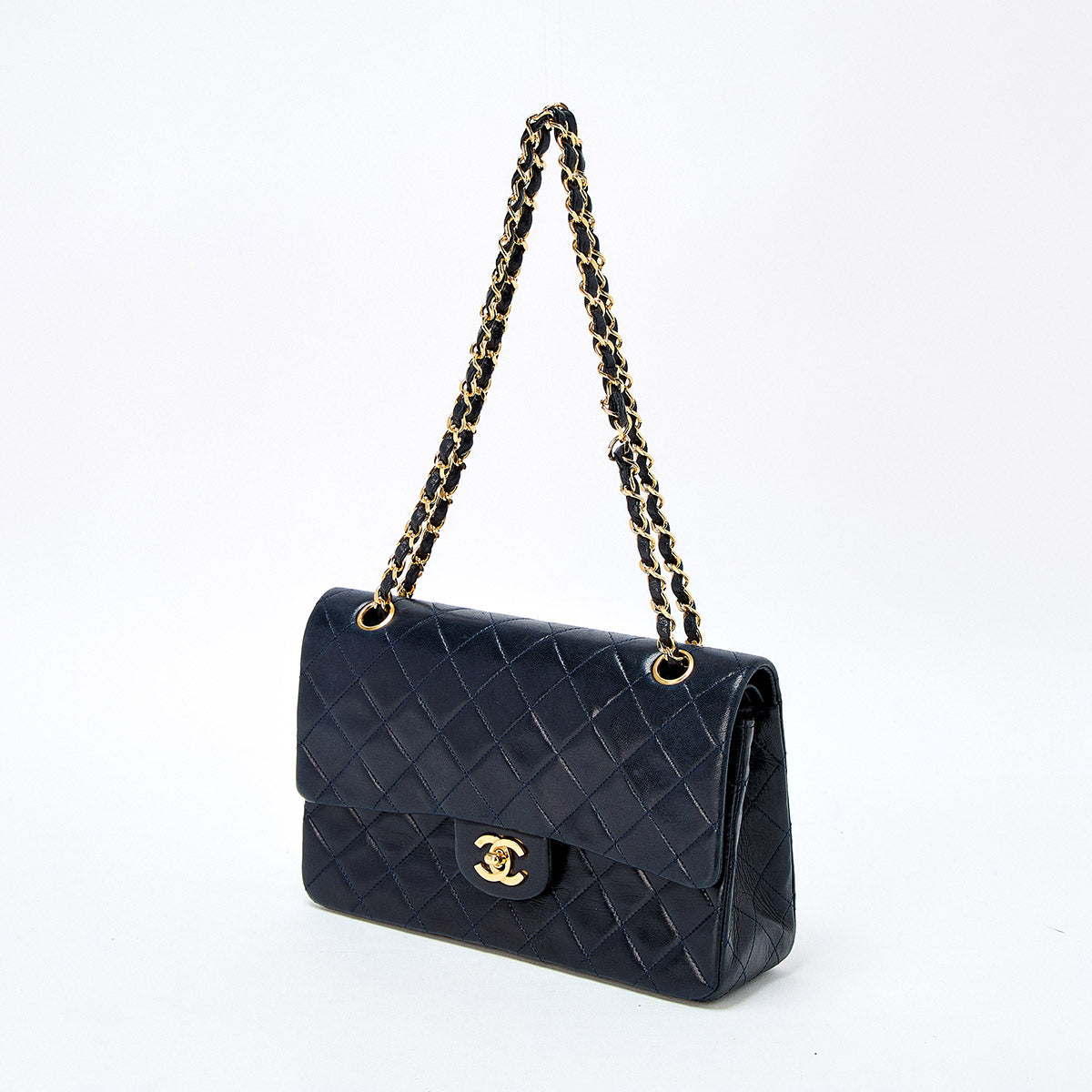 CHANEL Matelasse 25 Double Flap Double Chain 1985-1990 Shoulder Bag Navy Gold Lamb Skin Auth