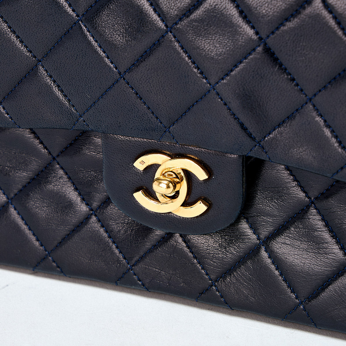 CHANEL Matelasse 25 Double Flap Double Chain 1985-1990 Shoulder Bag Navy Gold Lamb Skin Auth