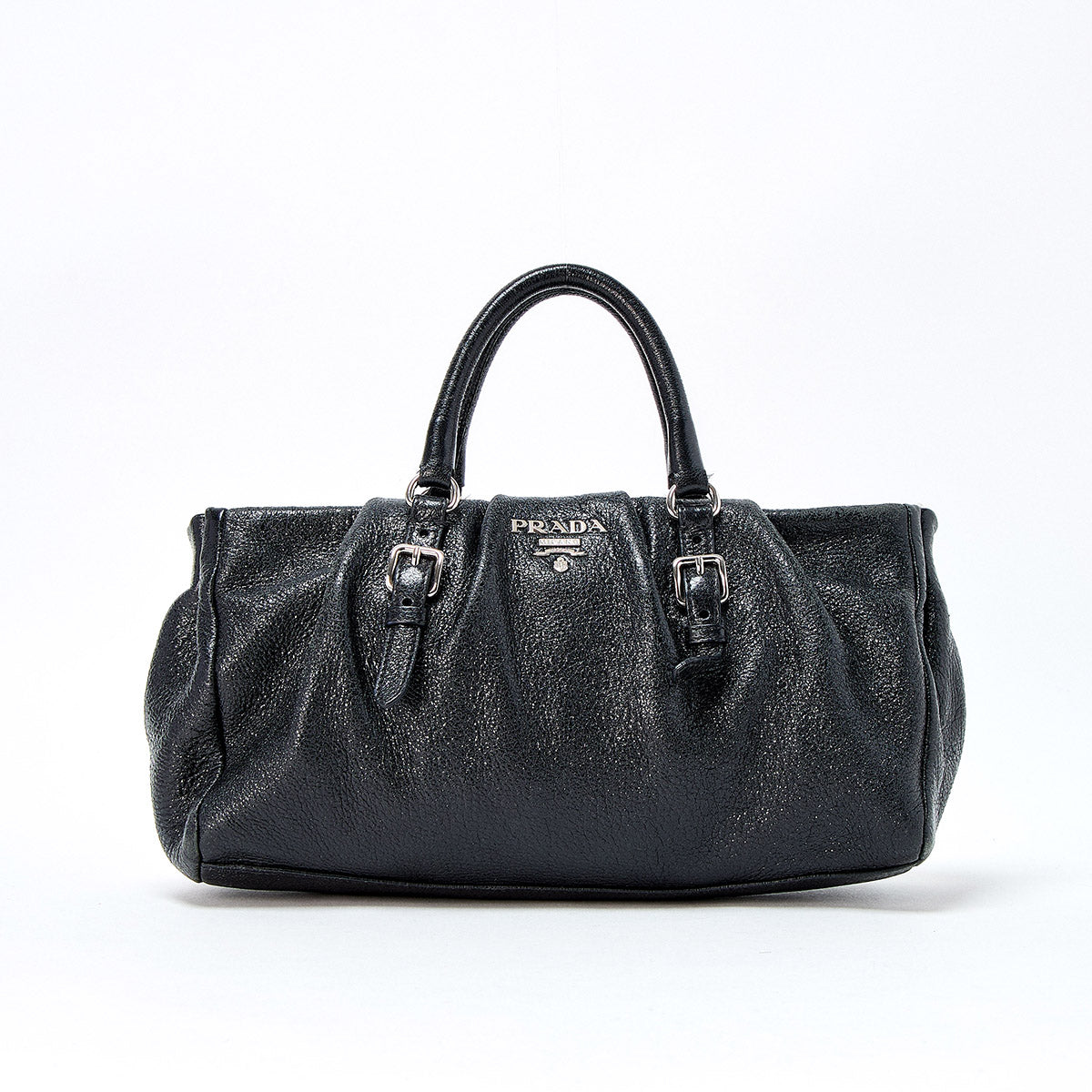 PRADA Logo Handbag Black Silver Leather Auth