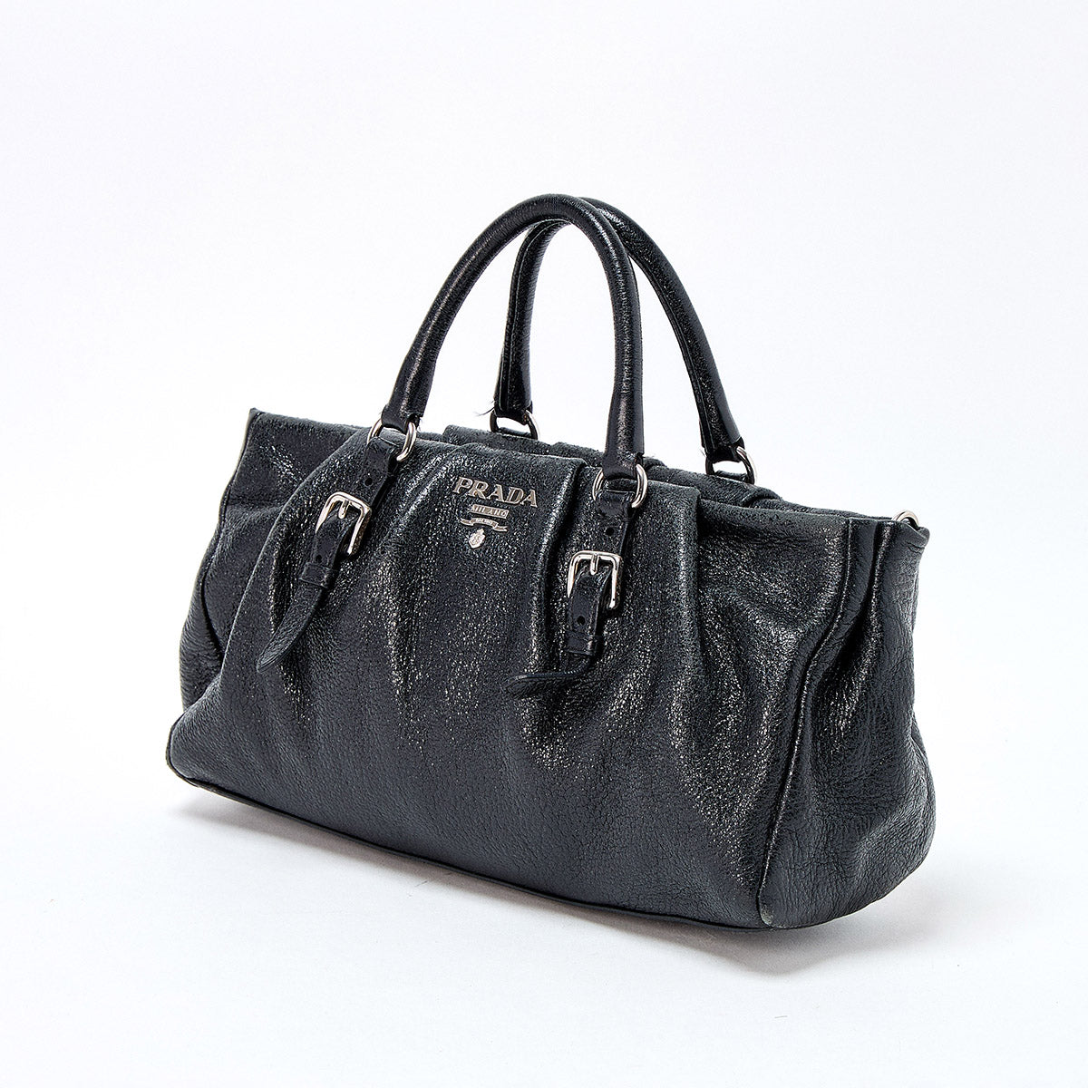 PRADA Logo Handbag Black Silver Leather Auth