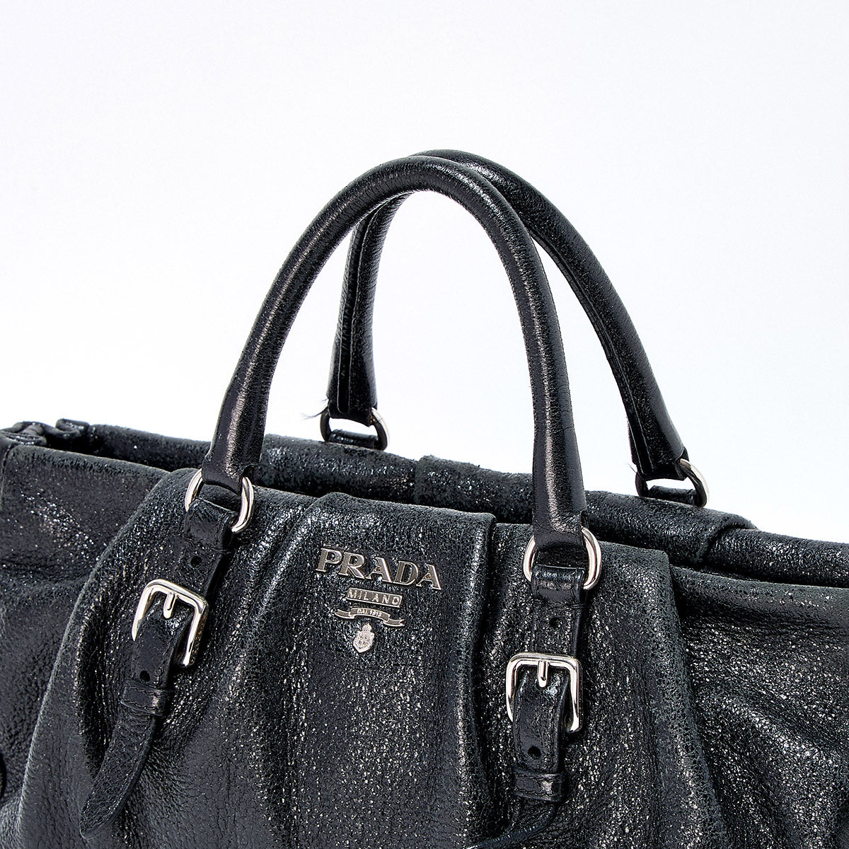 PRADA Logo Handbag Black Silver Leather Auth