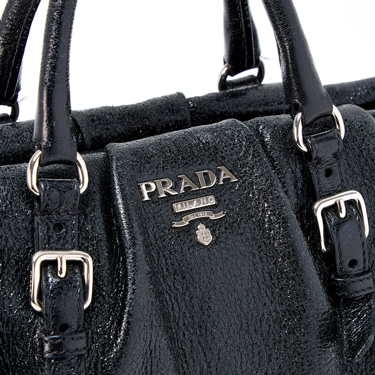 PRADA Logo Handbag Black Silver Leather Auth