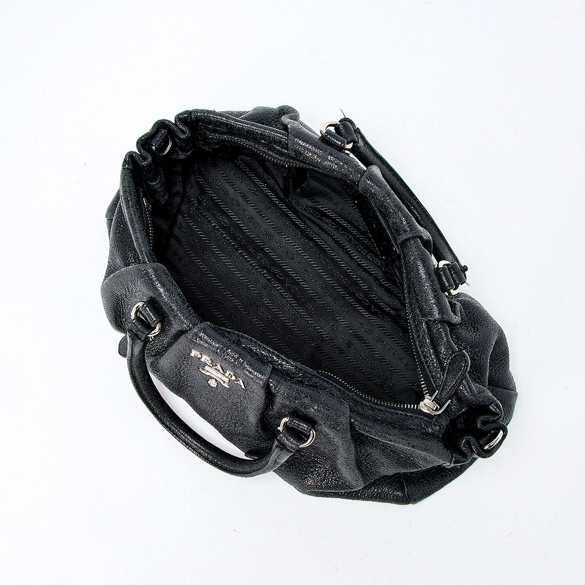 PRADA Logo Handbag Black Silver Leather Auth