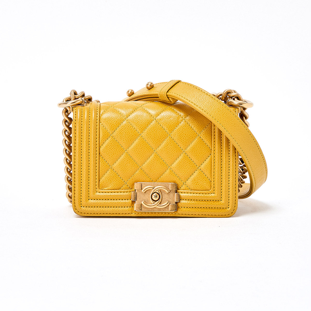 CHANEL Boy Chanel Single Flap Double Chain Shoulder Bag 2021 and later Yellow Matte Gold Caviar Skin Auth