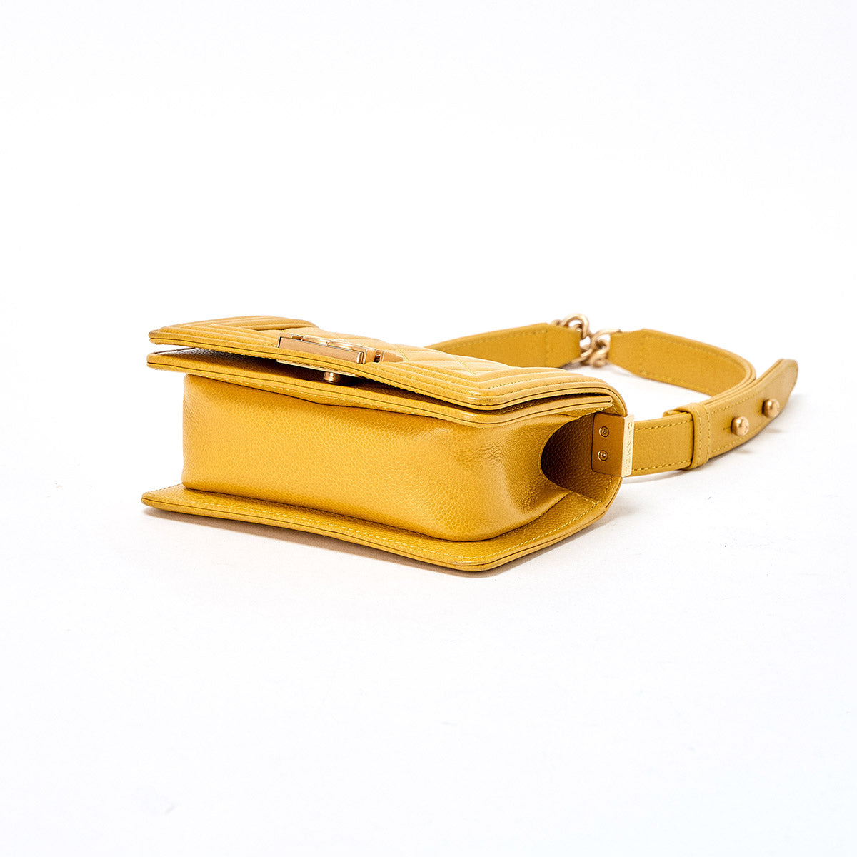 CHANEL Boy Chanel Single Flap Double Chain Shoulder Bag 2021 and later Yellow Matte Gold Caviar Skin Auth