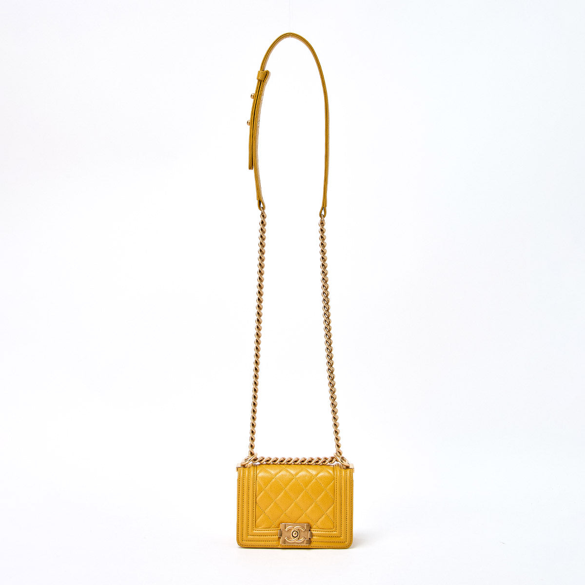 CHANEL Boy Chanel Single Flap Double Chain Shoulder Bag 2021 and later Yellow Matte Gold Caviar Skin Auth