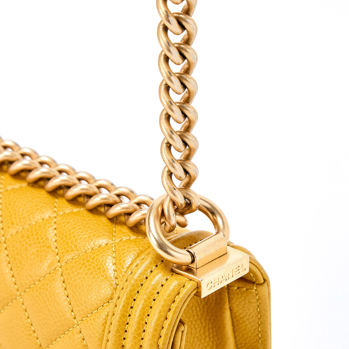CHANEL Boy Chanel Single Flap Double Chain Shoulder Bag 2021 and later Yellow Matte Gold Caviar Skin Auth