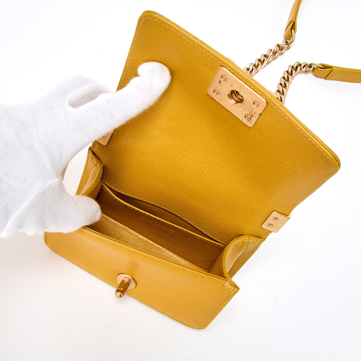 CHANEL Boy Chanel Single Flap Double Chain Shoulder Bag 2021 and later Yellow Matte Gold Caviar Skin Auth