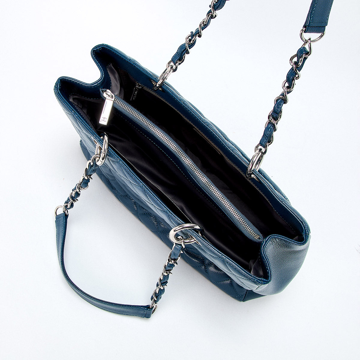 CHANEL GST Chain Tote 2013 Tote Bag Blue Silver Caviar Skin Auth