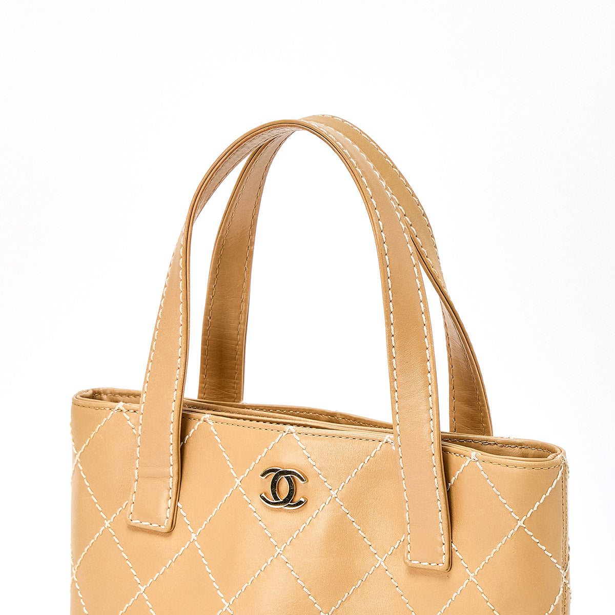 CHANEL Wild Stitch 2002 Tote Bag Beige Gold Calf Skin Auth