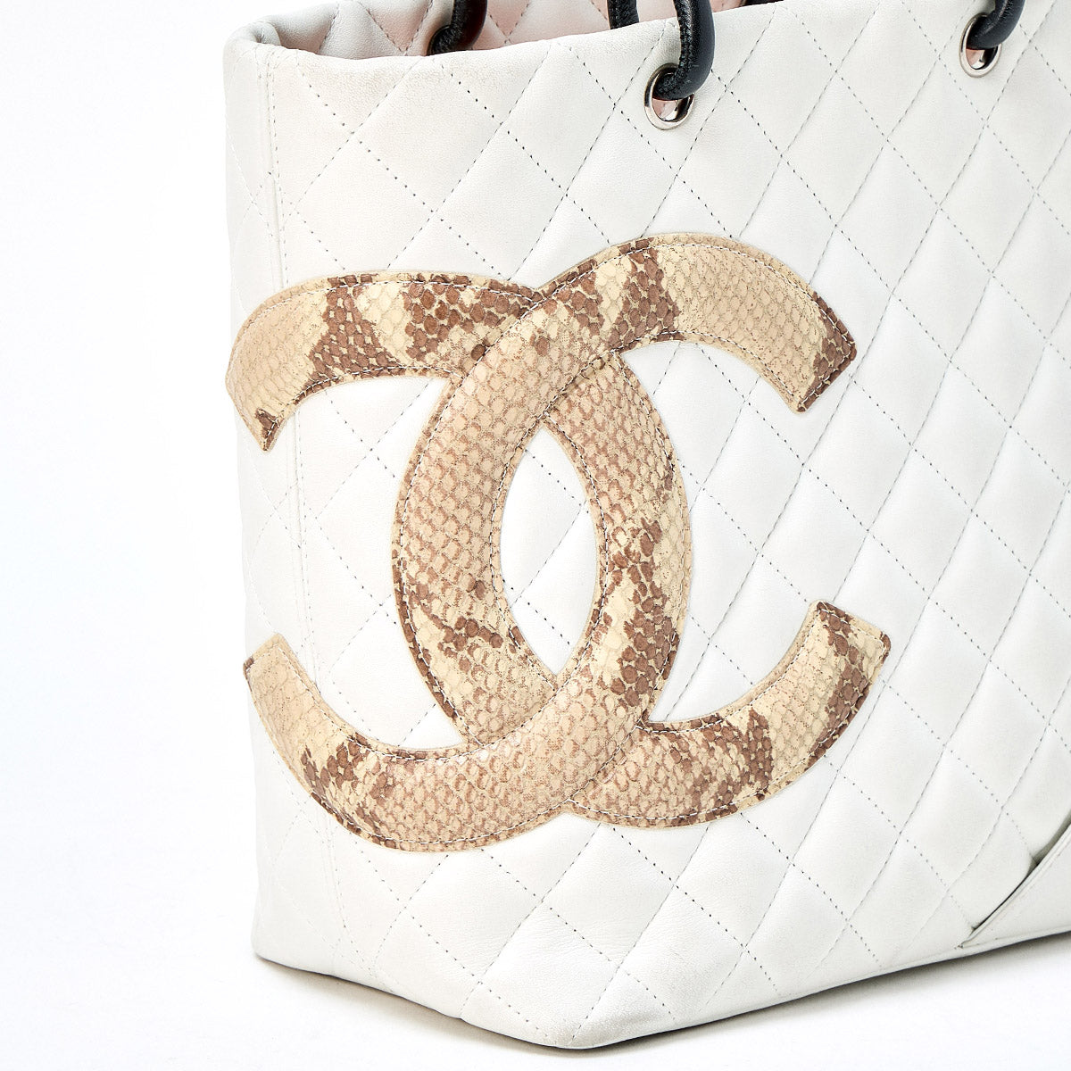 CHANEL Cambon Medium 2005 Hand Bag White Brown Lamb Skin Auth