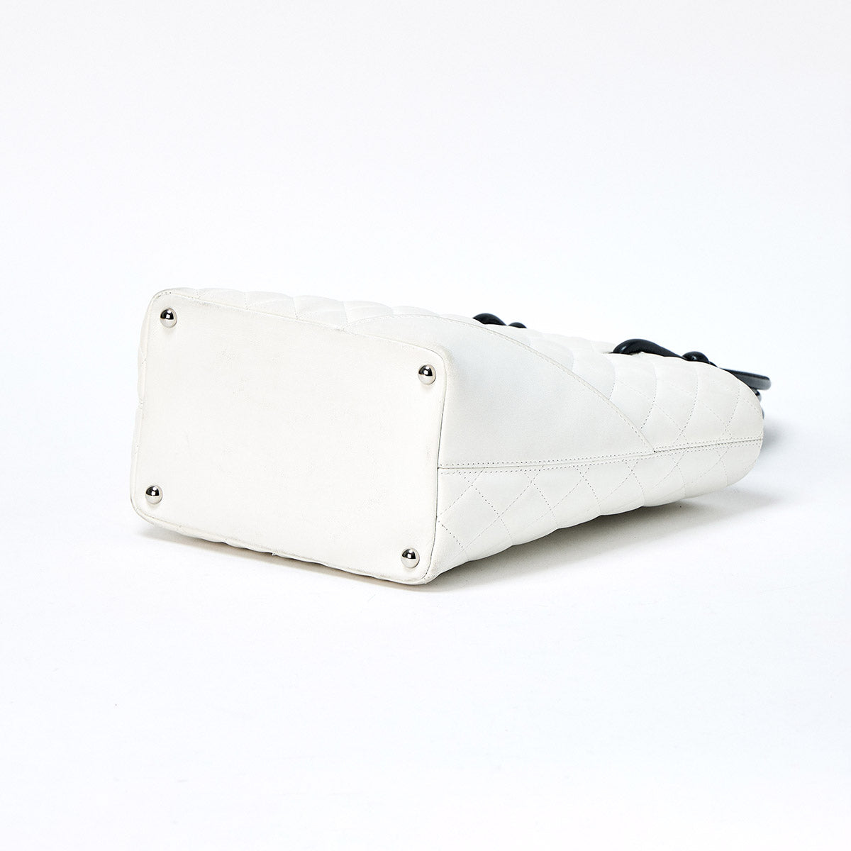 CHANEL Cambon Medium 2005 Hand Bag White Brown Lamb Skin Auth