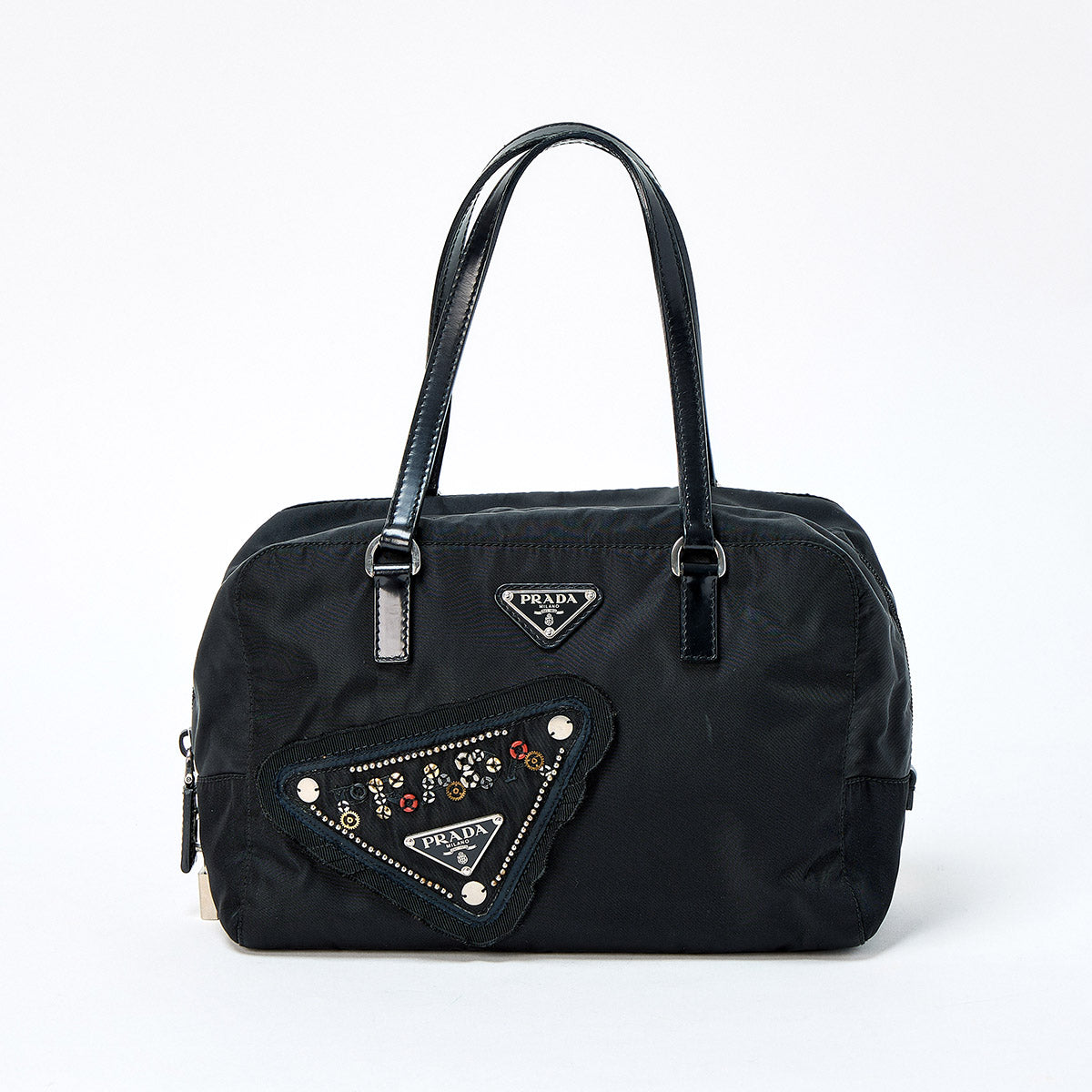 PRADA Triangle Jeweled Robot Hand Bag Black Silver Tessuto Auth