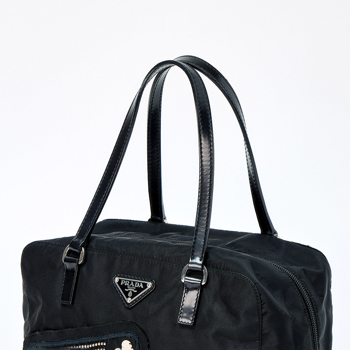 PRADA Triangle Jeweled Robot Hand Bag Black Silver Tessuto Auth