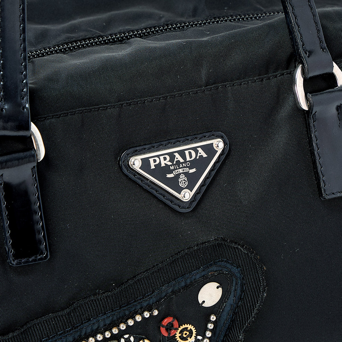 PRADA Triangle Jeweled Robot Hand Bag Black Silver Tessuto Auth