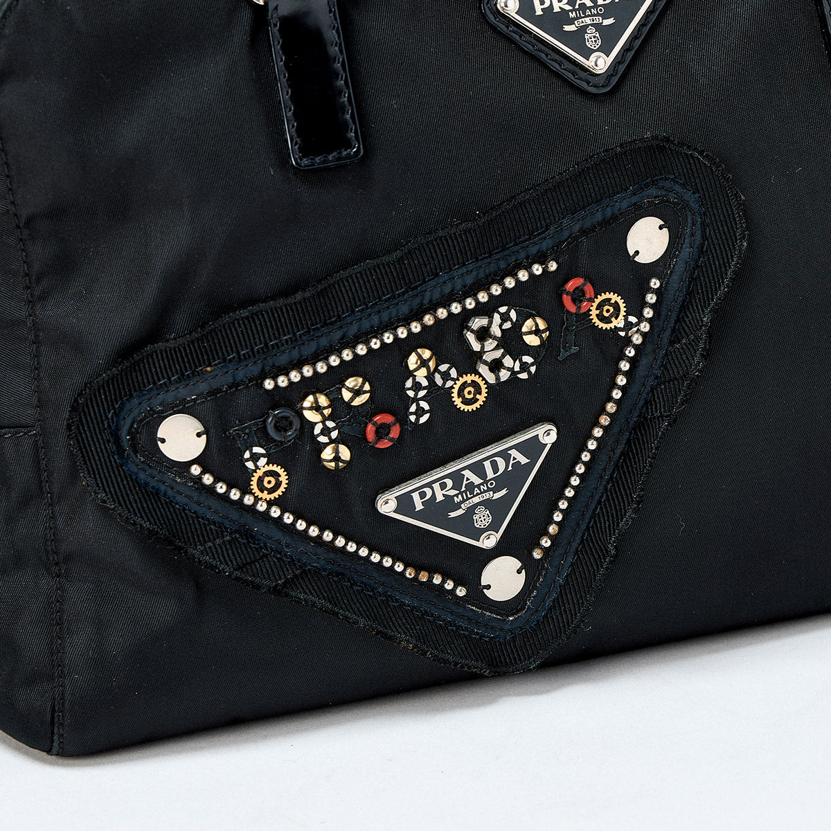 PRADA Triangle Jeweled Robot Hand Bag Black Silver Tessuto Auth
