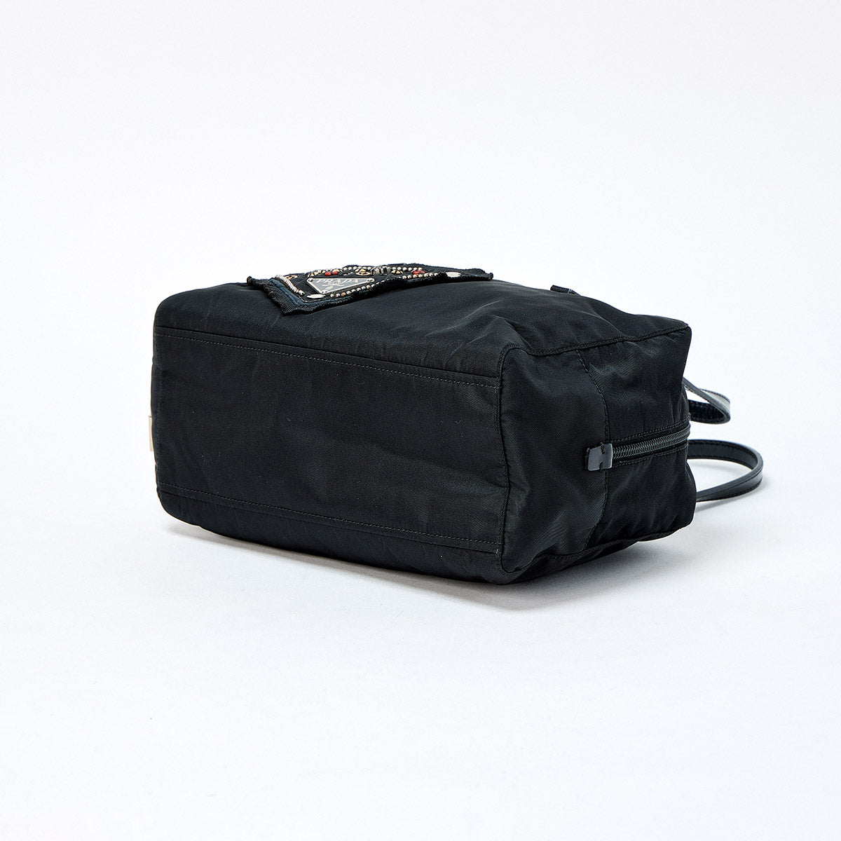 PRADA Triangle Jeweled Robot Hand Bag Black Silver Tessuto Auth