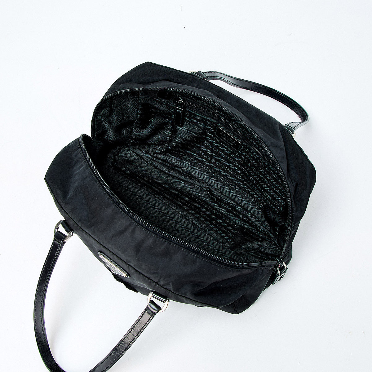 PRADA Triangle Jeweled Robot Hand Bag Black Silver Tessuto Auth