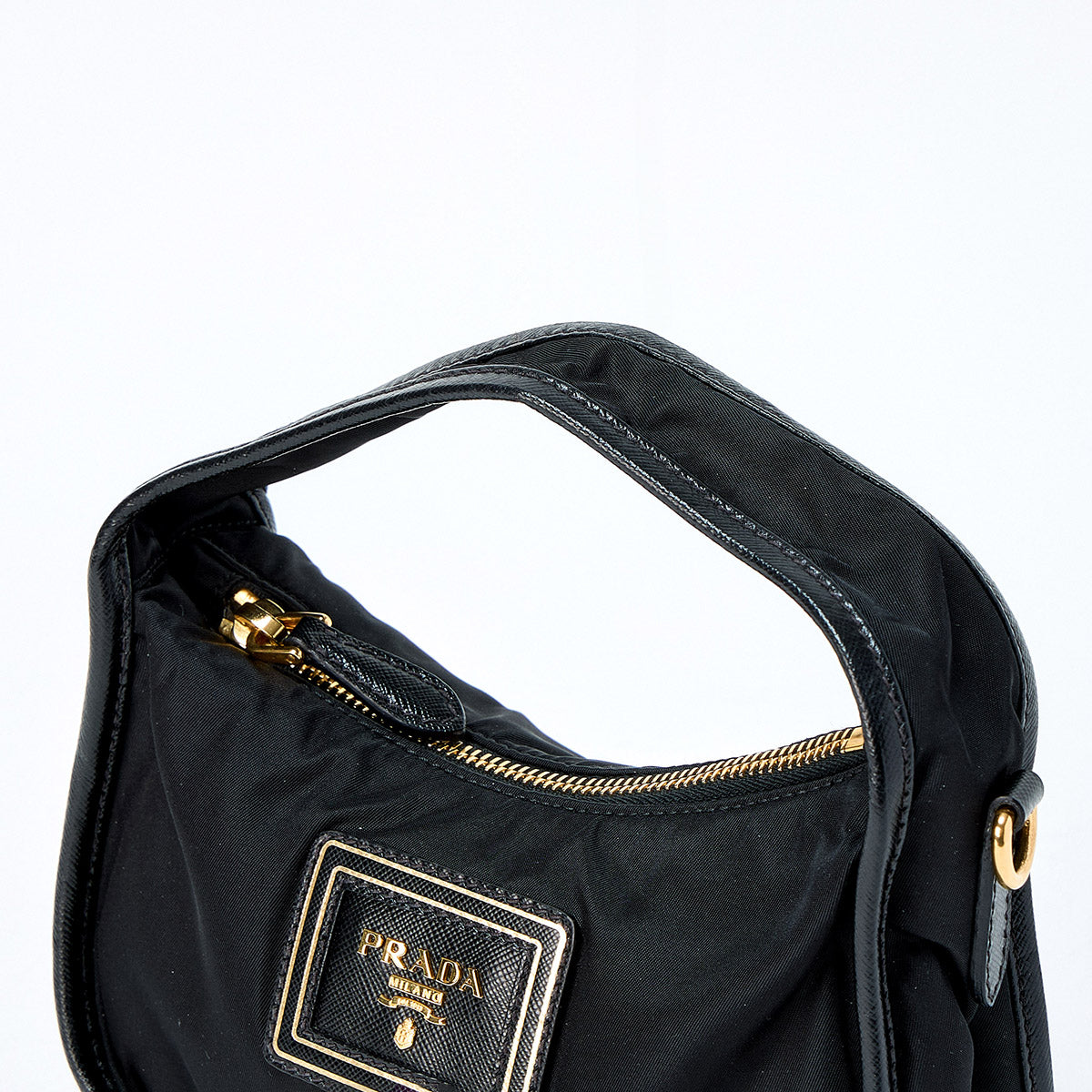 PRADA Logo Hand Bag BN1409 Black Gold Tessuto Auth