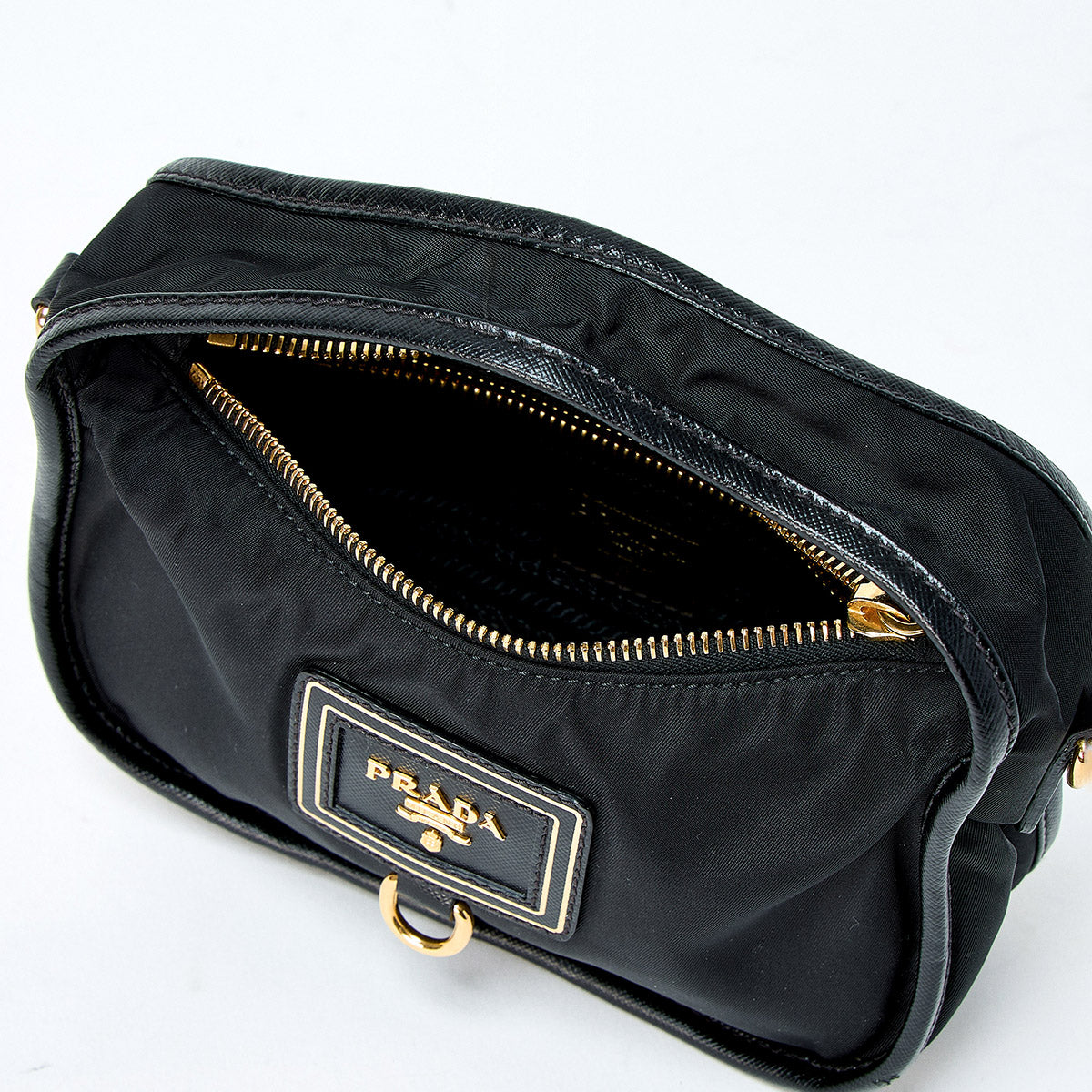 PRADA Logo Hand Bag BN1409 Black Gold Tessuto Auth