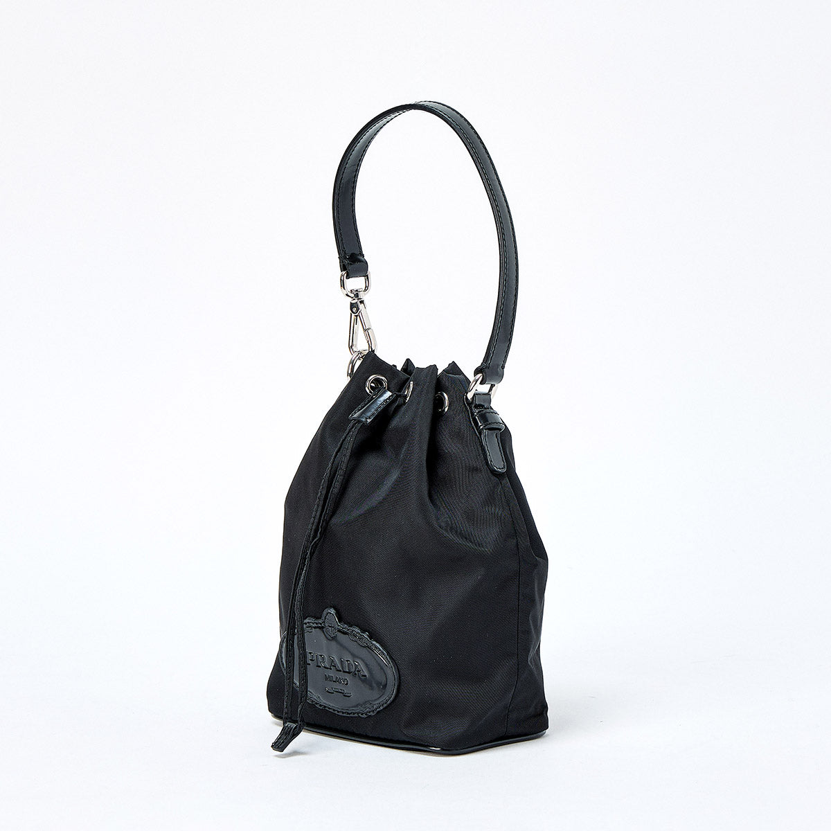 PRADA Logo Hand Bag Black Silver Tessuto Auth