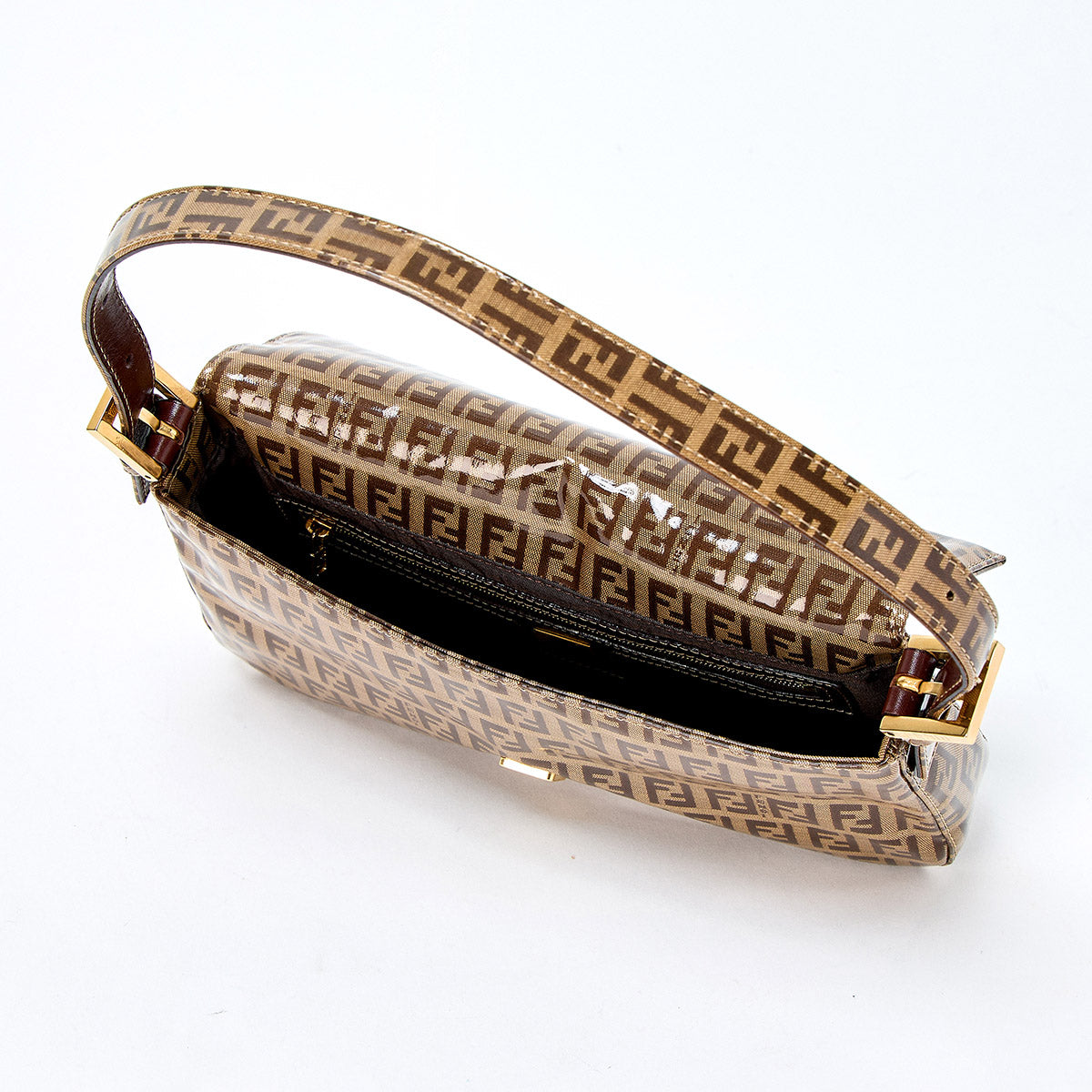 FENDI Mamma Baguette Zucchino Hand Bag Brown Gold Coated Canvas Auth