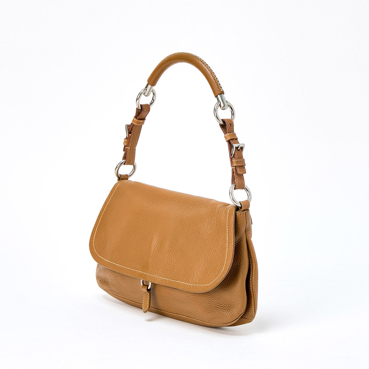 PRADA Triangle Shoulder Bag Brown Silver Leather Auth