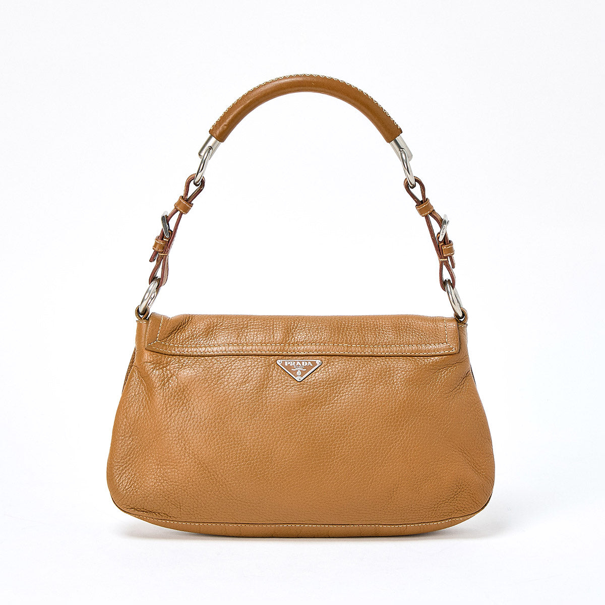 PRADA Triangle Shoulder Bag Brown Silver Leather Auth