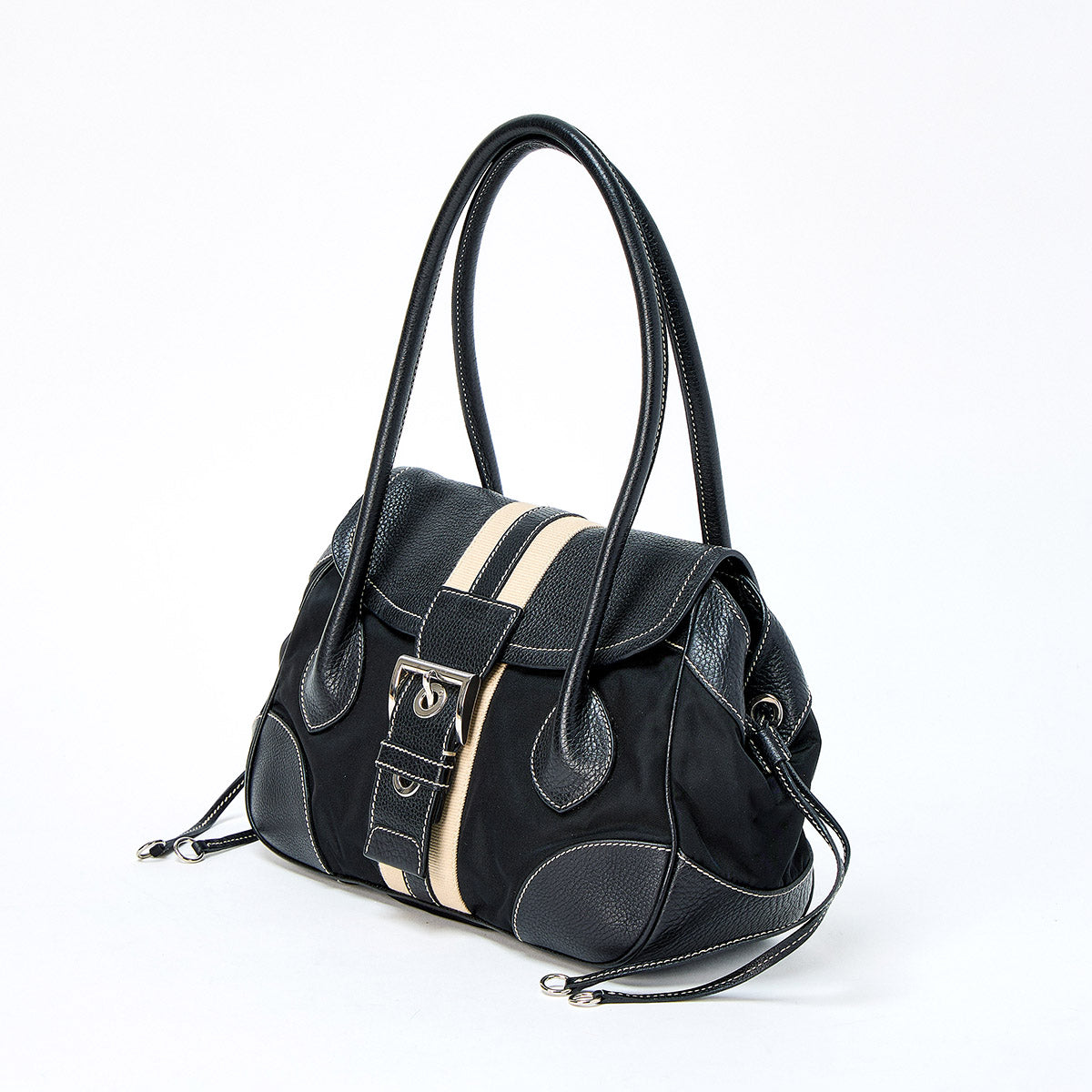 PRADA Triangle Shoulder Bag Black Beige Silver Tessuto Auth